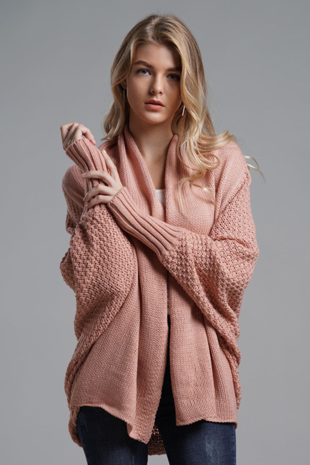 Ease Up Dolman Sleeve Open-Front Long Knit Cardigan