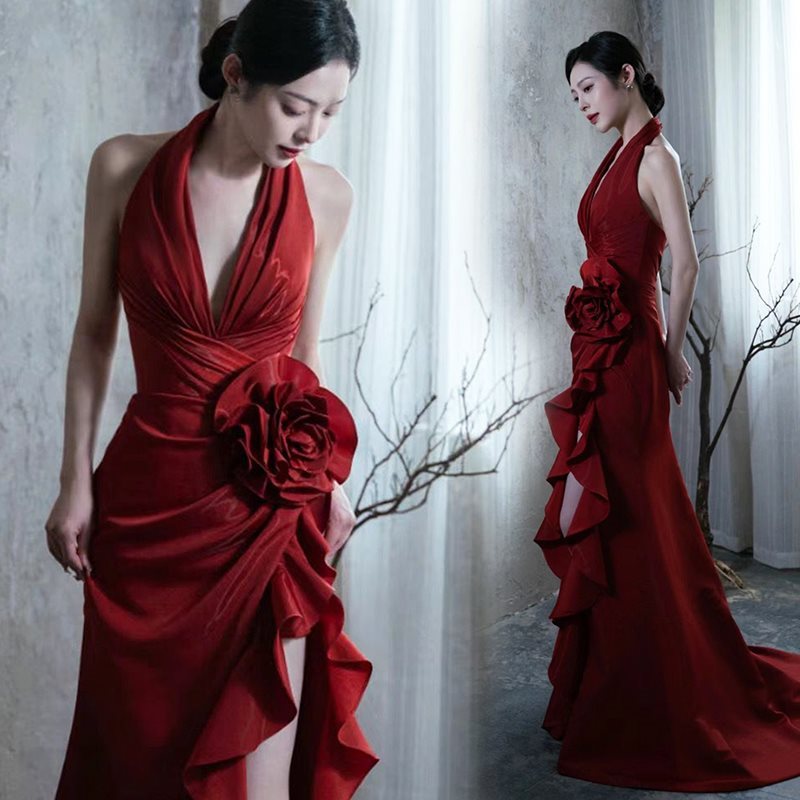 Silk Wine Red Elegant Halter  Dress