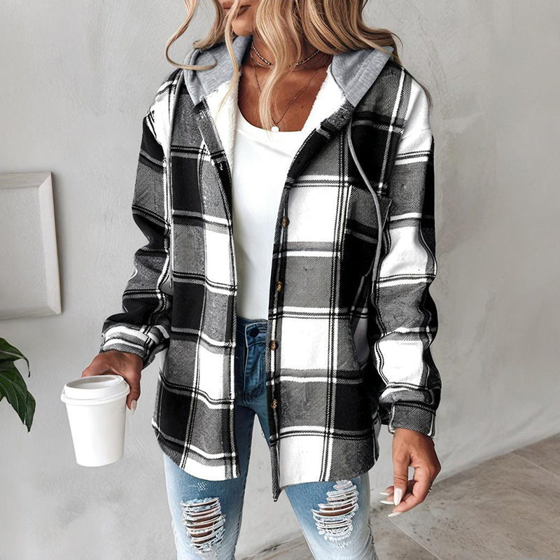 Casual Fall Shirts Shacket Plaid Hoodie Long Sleeve Jacket with Long Sleeve With Pocket and Button Drawstrings
