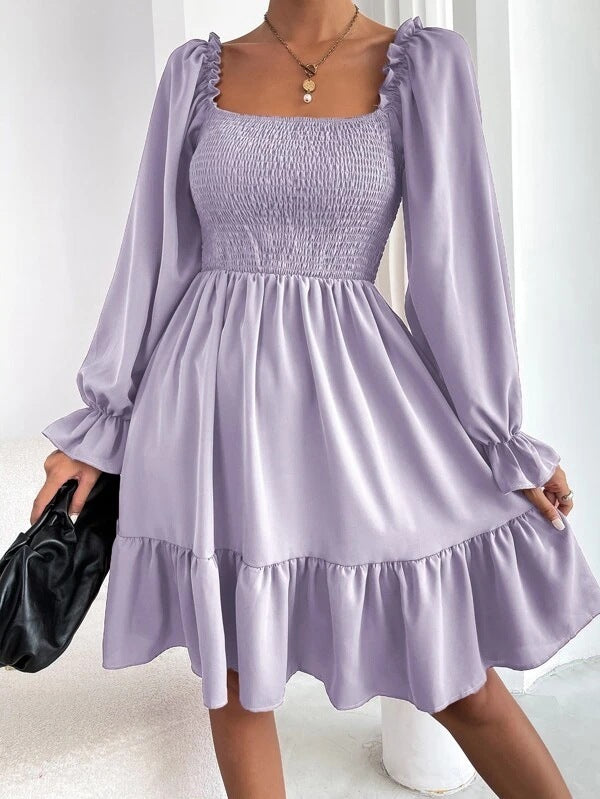 Swing Dress with Flared Long Sleeve Dresses & Square Ruffled Neck