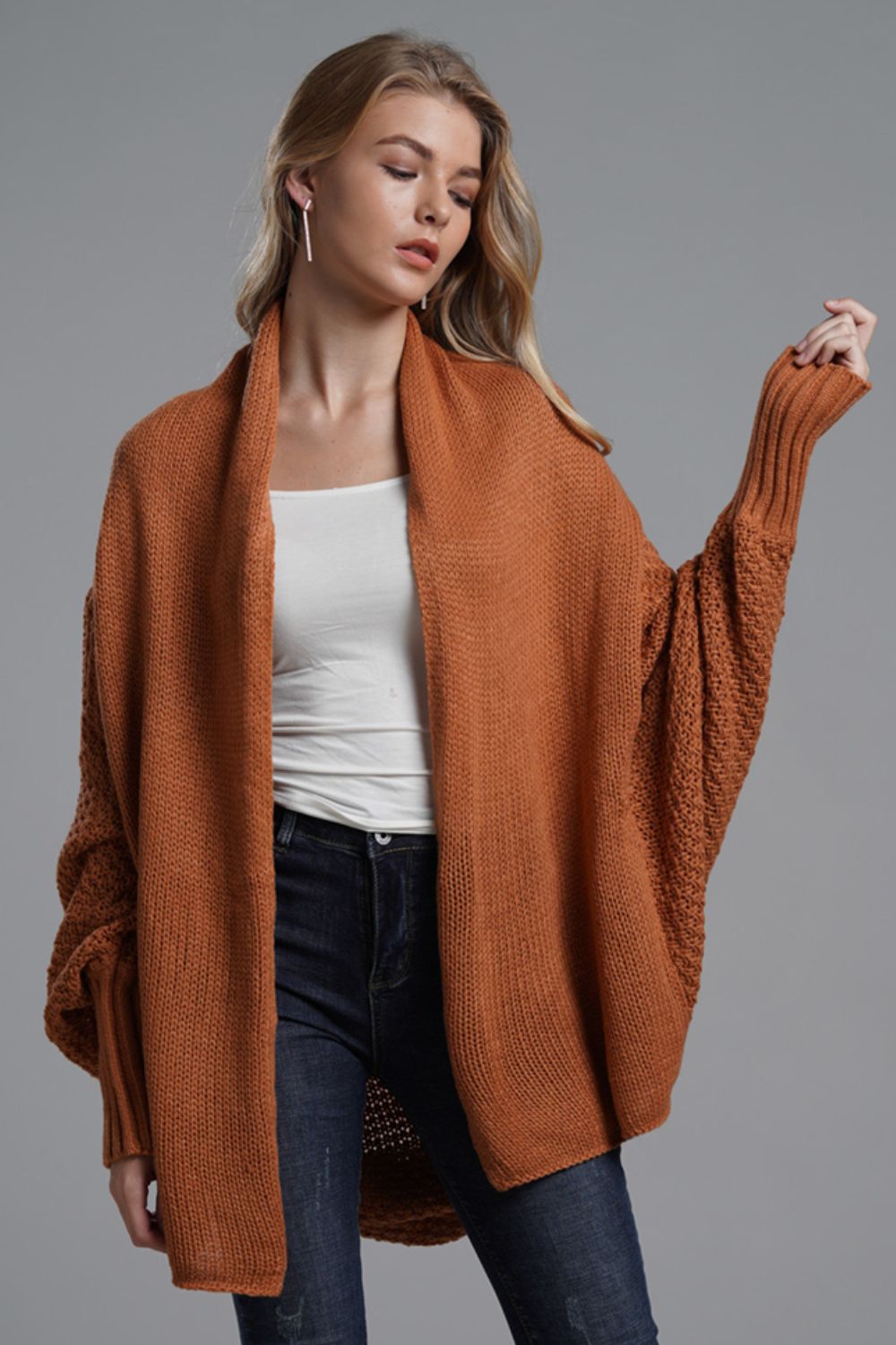 Ease Up Dolman Sleeve Open-Front Long Knit Cardigan