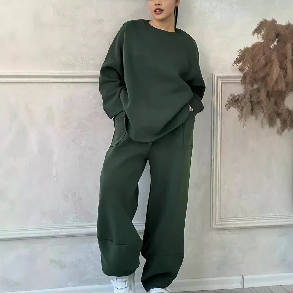 Cozy Loose Round Neck Sweater with Long Saves  and Trousers-2 Pic. Set