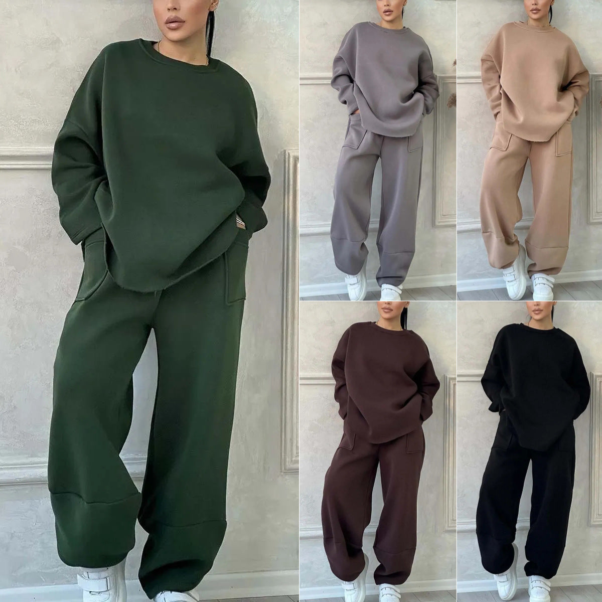 Cozy Loose Round Neck Sweater with Long Saves  and Trousers-2 Pic. Set
