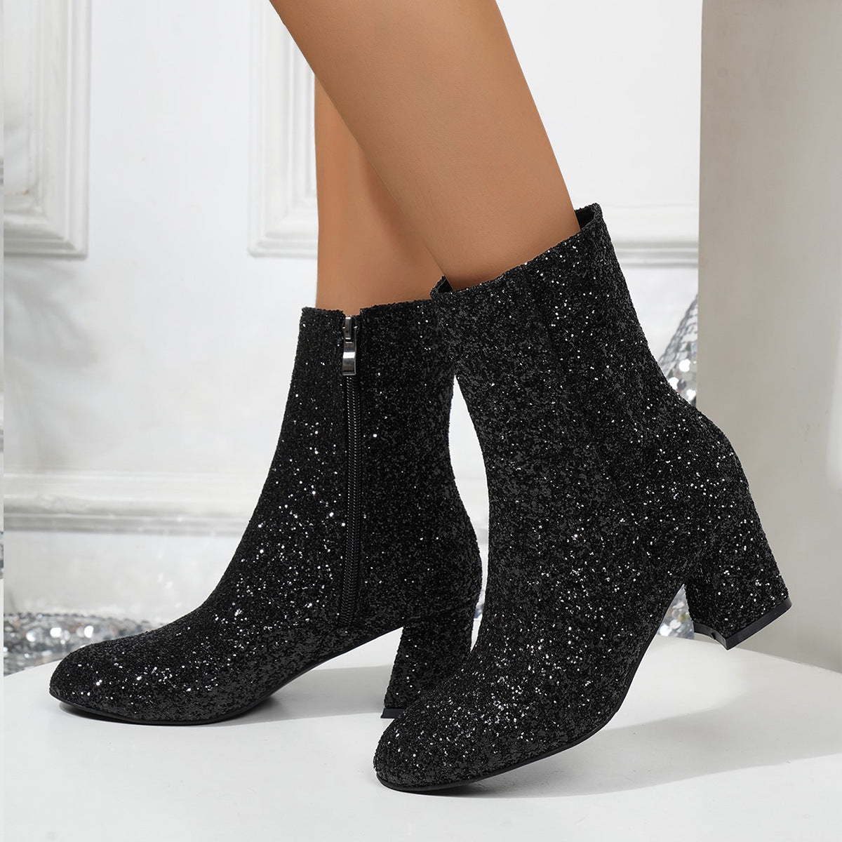 Shimmering Square Heel Side Zipper Sequin Boots