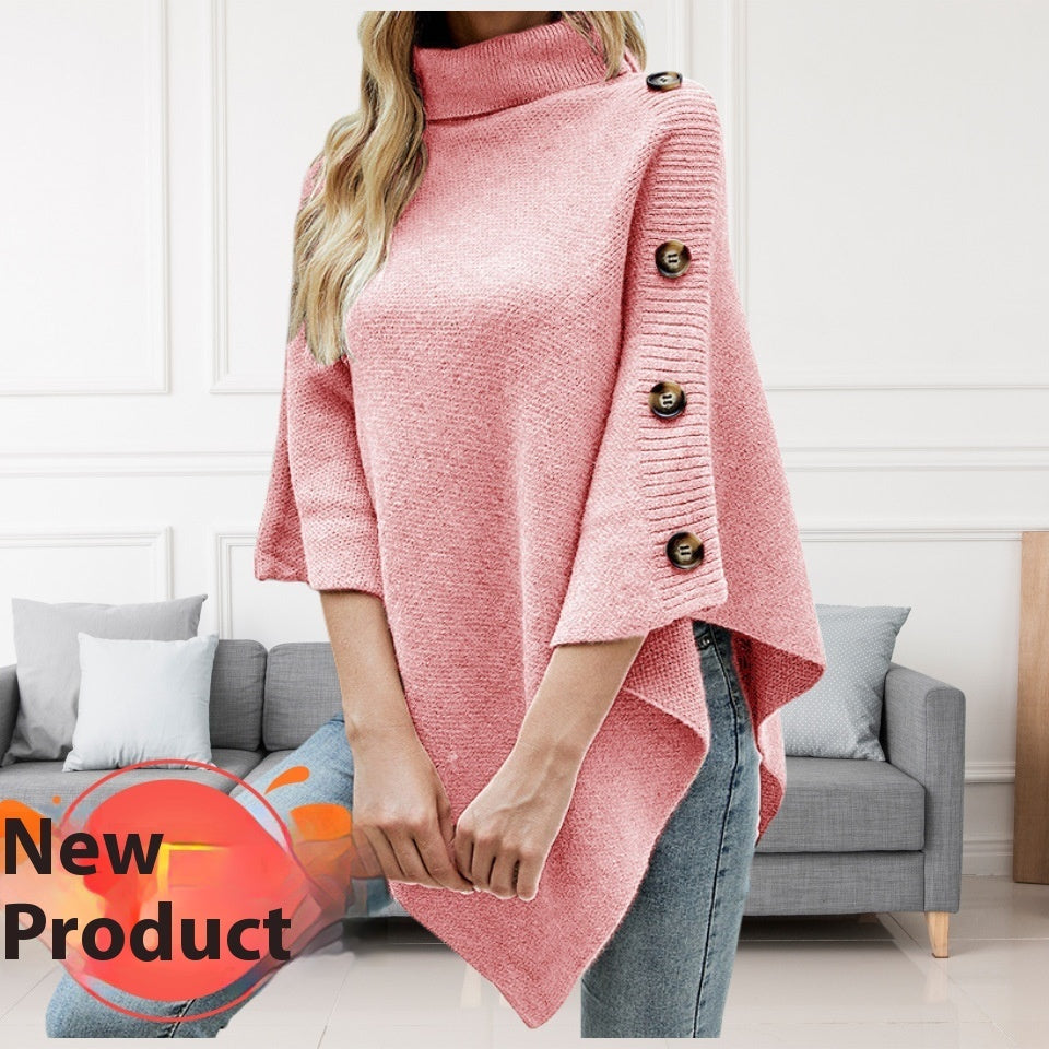 Cozy Charm Solid Color Turtleneck Shawl Cape Slit Knit Sweater