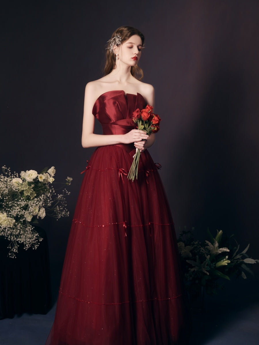 Gorgeous  Red Wine Beaded Tube Top Long Dress
