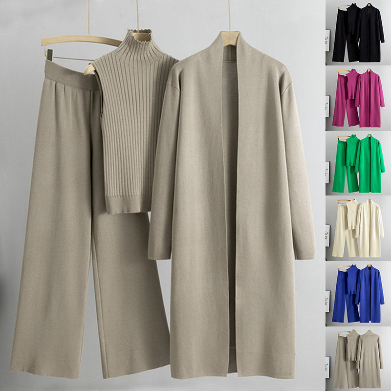Three-piece Set Knitting  Suits  with Vest Sweater, Long Cardigan & Wide-leg Pants Three-piece Set