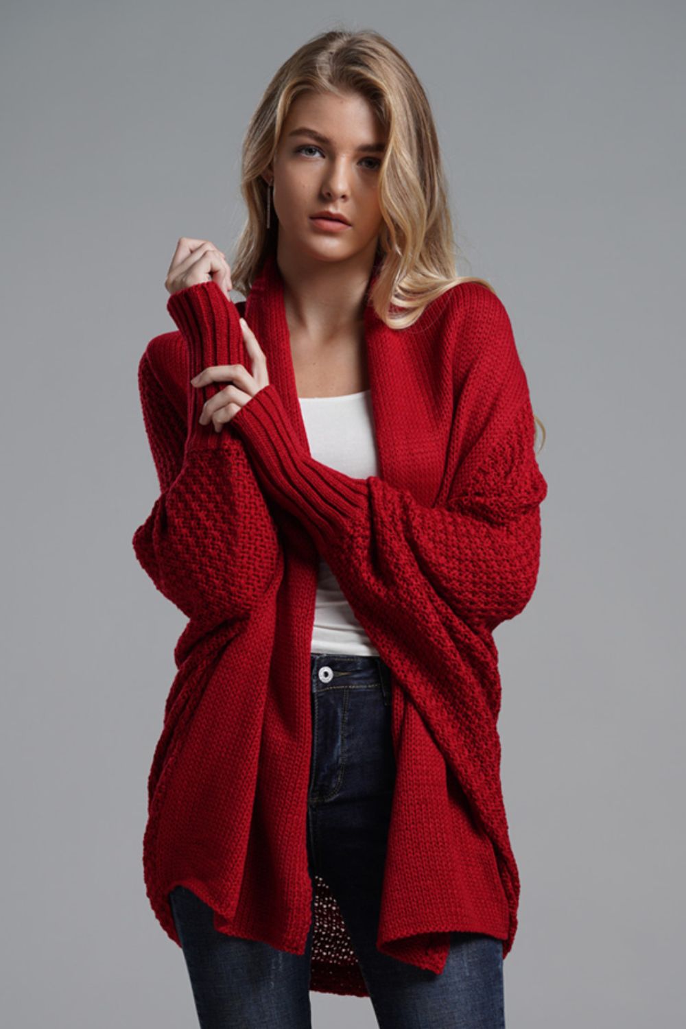 Ease Up Dolman Sleeve Open-Front Long Knit Cardigan