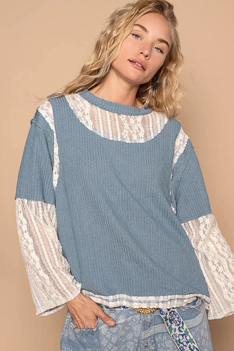 Cornflower Blue Lace Panel Round Neck Long Sleeve Top