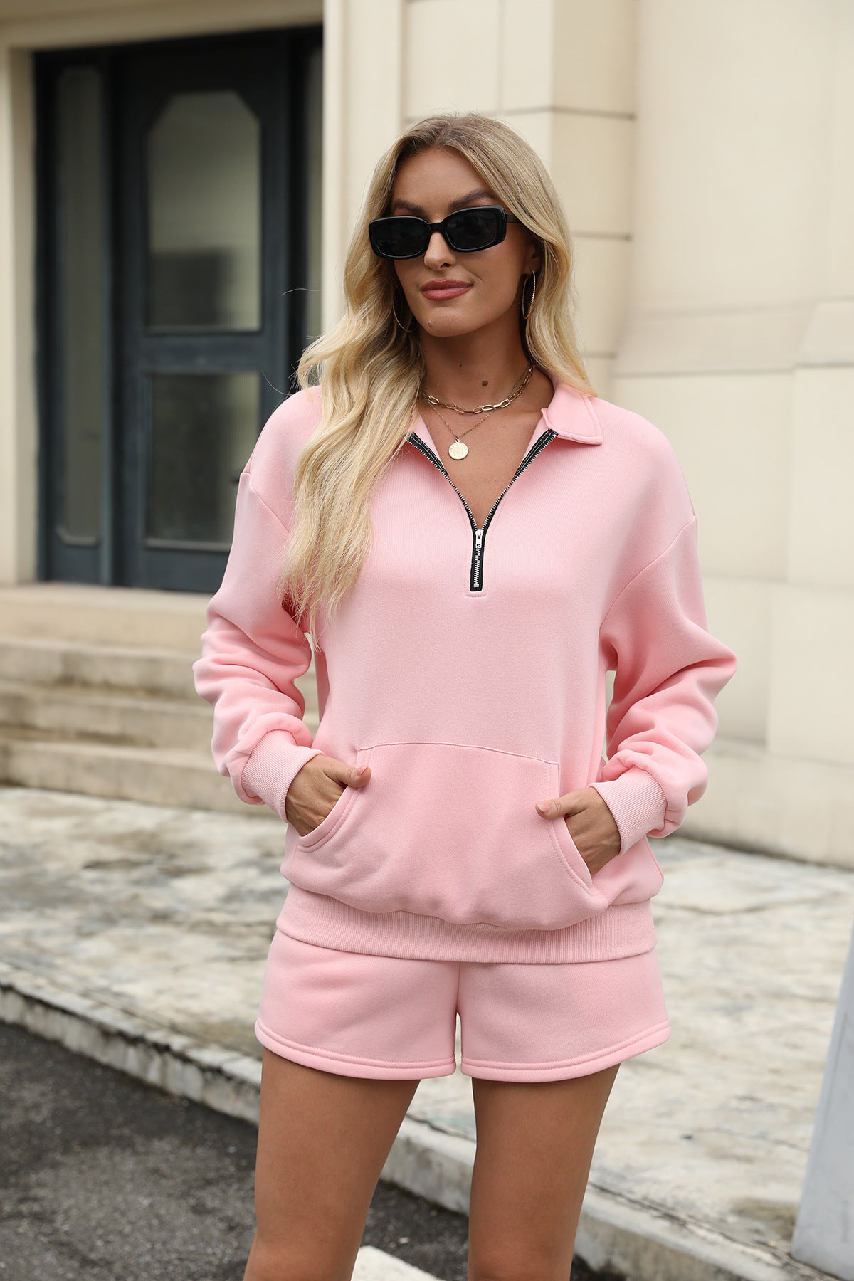 Sweatshirt Suits  Lapel Zipper Long Sleeve Top With Pocket & Elastic Shorts-2 Piece Sets