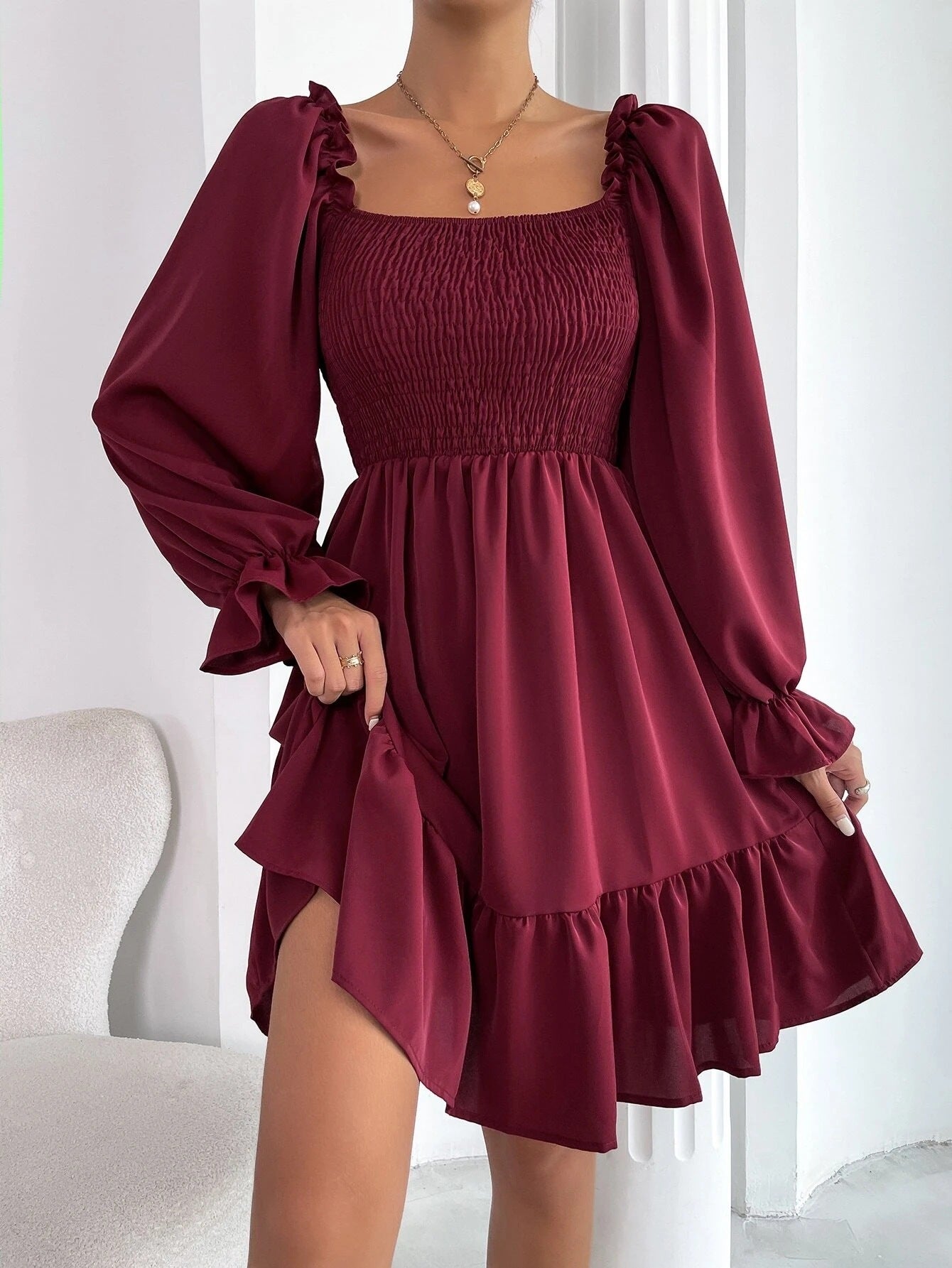 Swing Dress with Flared Long Sleeve Dresses & Square Ruffled Neck