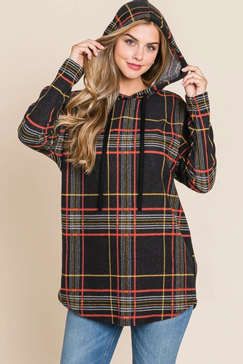 Classic Plaid Patter Drawstring  Long Sleeve Hoodie