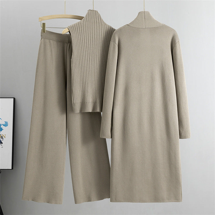 Three-piece Set Knitting  Suits  with Vest Sweater, Long Cardigan & Wide-leg Pants Three-piece Set