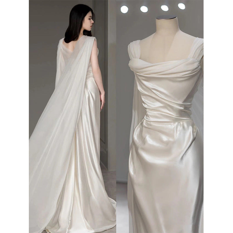 French Satin White  Bridal  Sleeveless  Wedding Dress