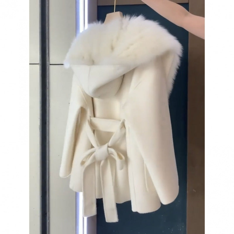 White  Fur Woolen Stitching Coat