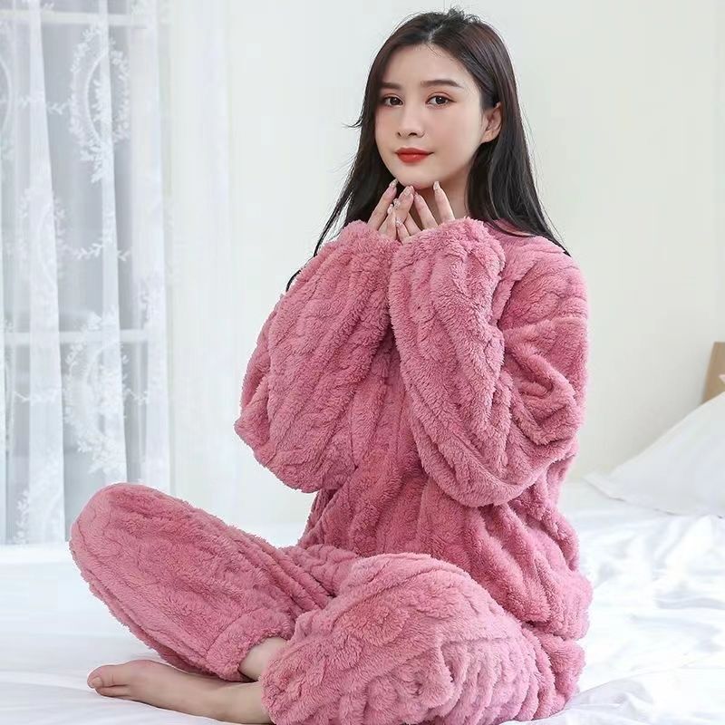 Jacquard Cotton Velvet Warm Suit Pajamas Loungewear - 2 Piece Set