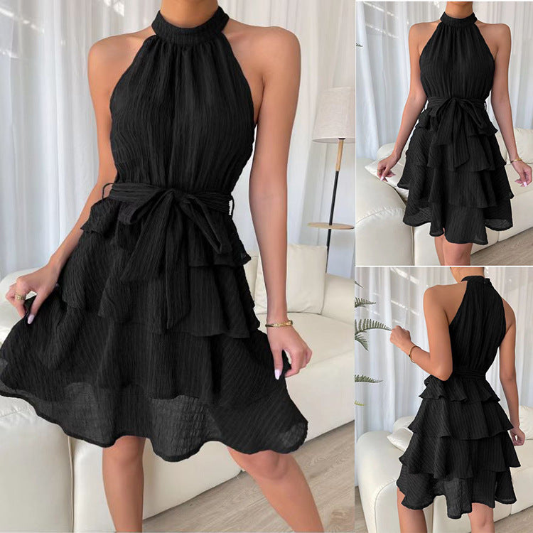 Elegant Ruffle Halterneck  Sleeveless Dress