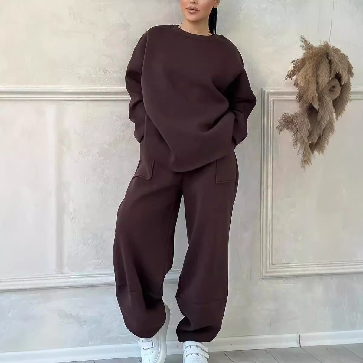 Cozy Loose Round Neck Sweater with Long Saves  and Trousers-2 Pic. Set