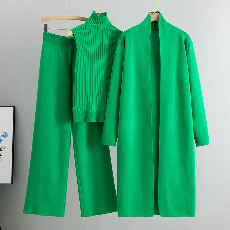 Three-piece Set Knitting  Suits  with Vest Sweater, Long Cardigan & Wide-leg Pants Three-piece Set