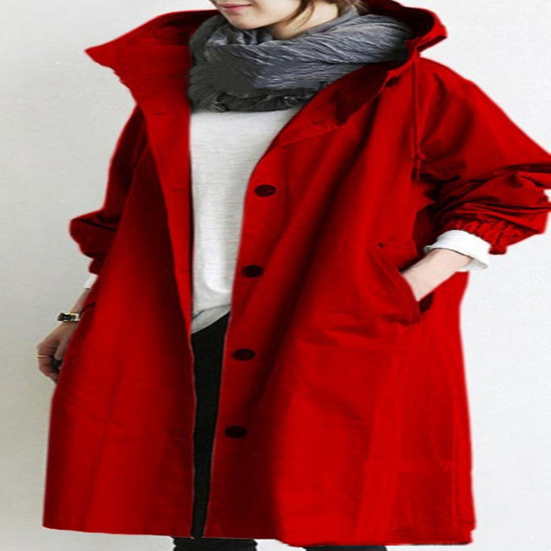 Trench Hooded Coat l Loose Button  with Pockets and  Hooded