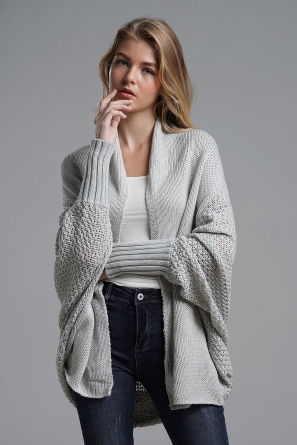 Ease Up Dolman Sleeve Open-Front Long Knit Cardigan