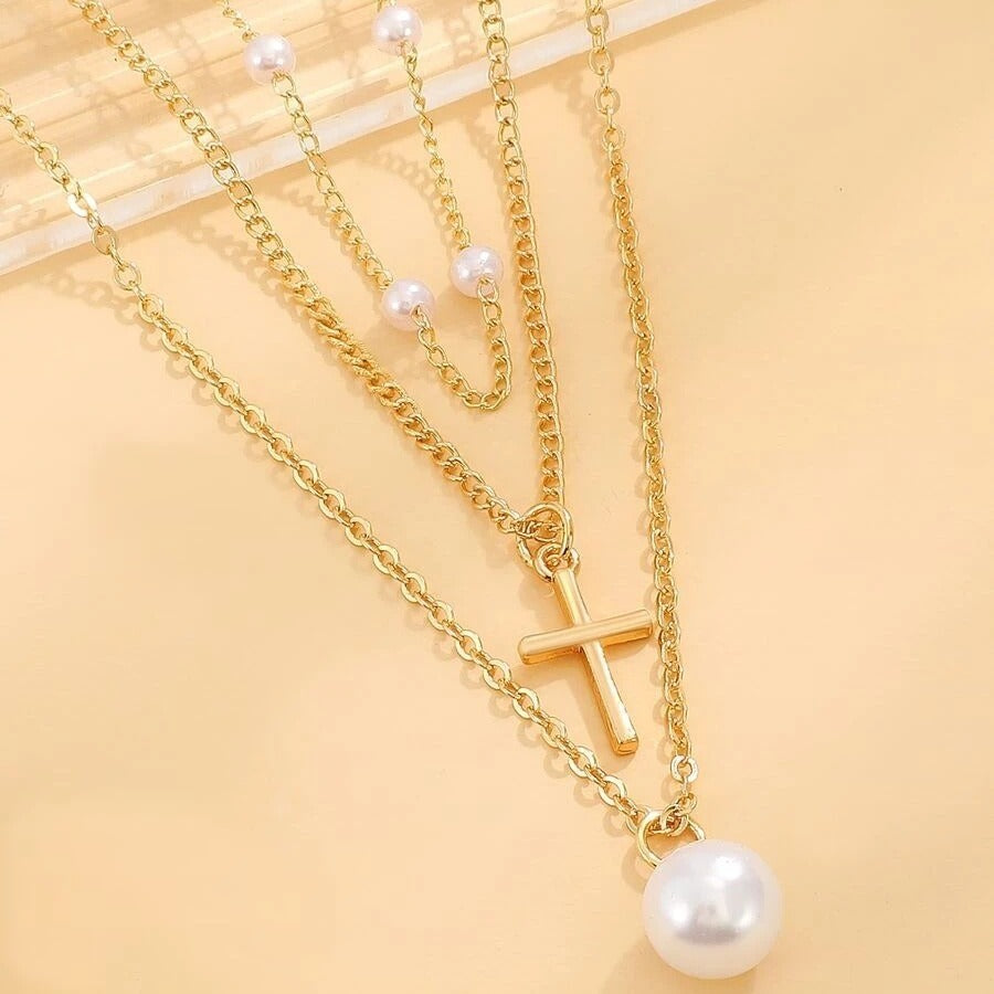 Fashion Multi-layer Pearl Necklace Cross