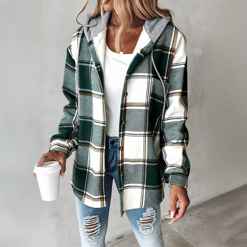 Casual Fall Shirts Shacket Plaid Hoodie Long Sleeve Jacket with Long Sleeve With Pocket and Button Drawstrings