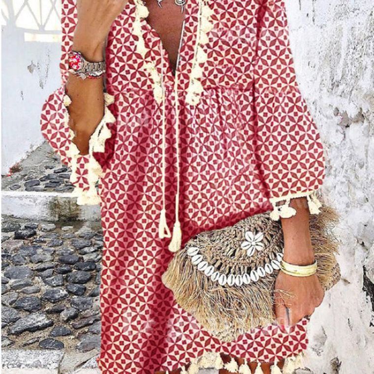 Sweet Hippie Style Tassel Ruffled V-Neck Dress