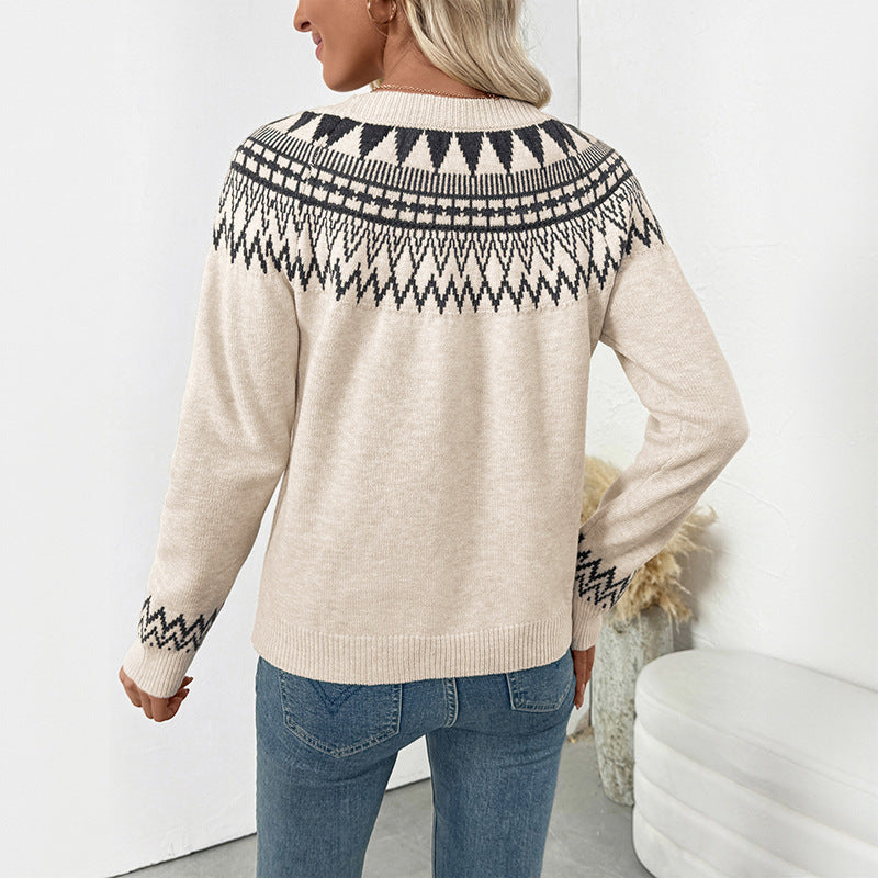 Geometrical Art Round Neck Pullover Knitted Sweater