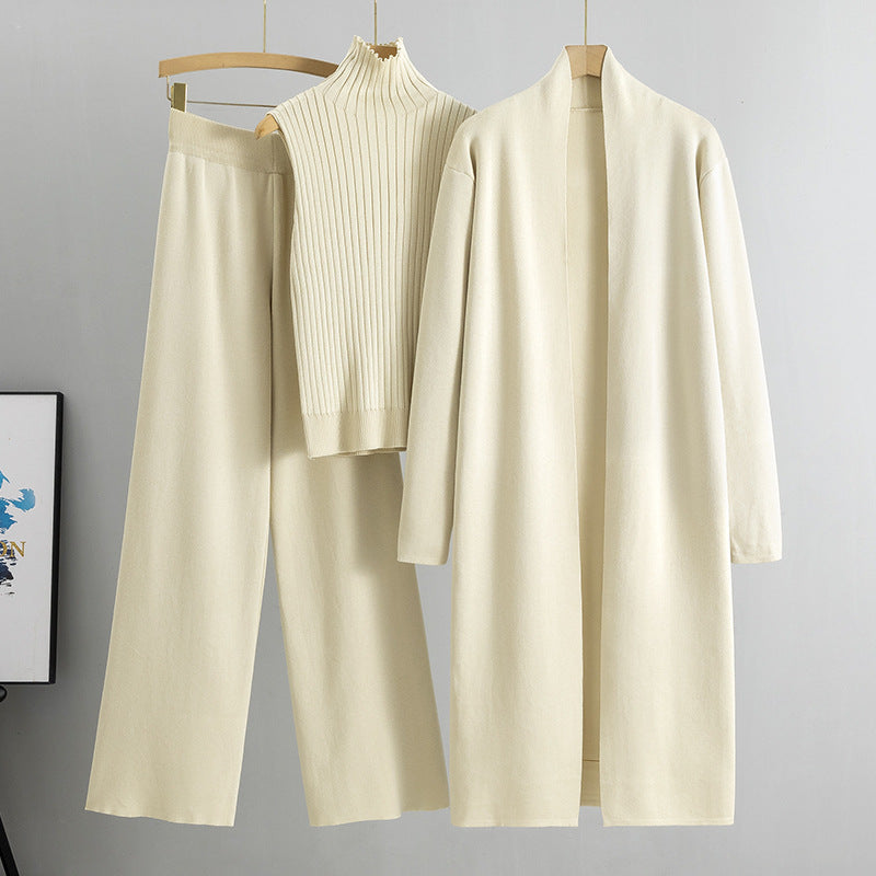 Three-piece Set Knitting  Suits  with Vest Sweater, Long Cardigan & Wide-leg Pants Three-piece Set