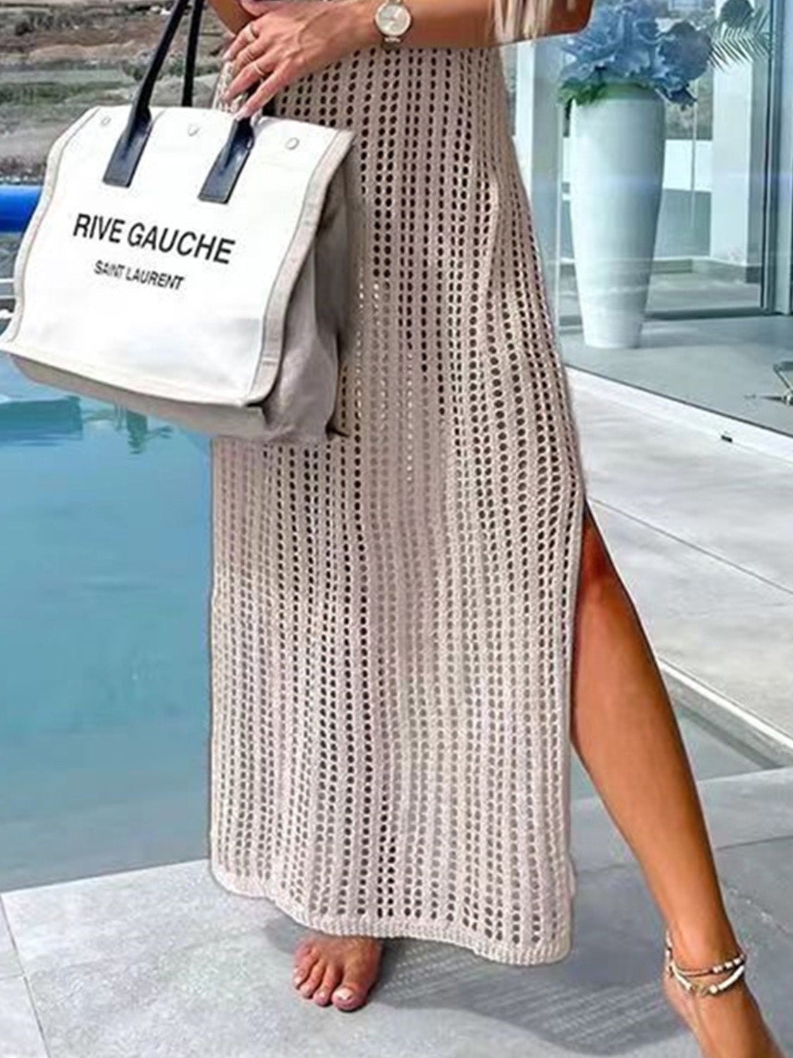 Sea Blue Mall Openwork Slit Cutout Wide Strap Dress A@Y@M Ship From Overseas SeaBlueMall.com