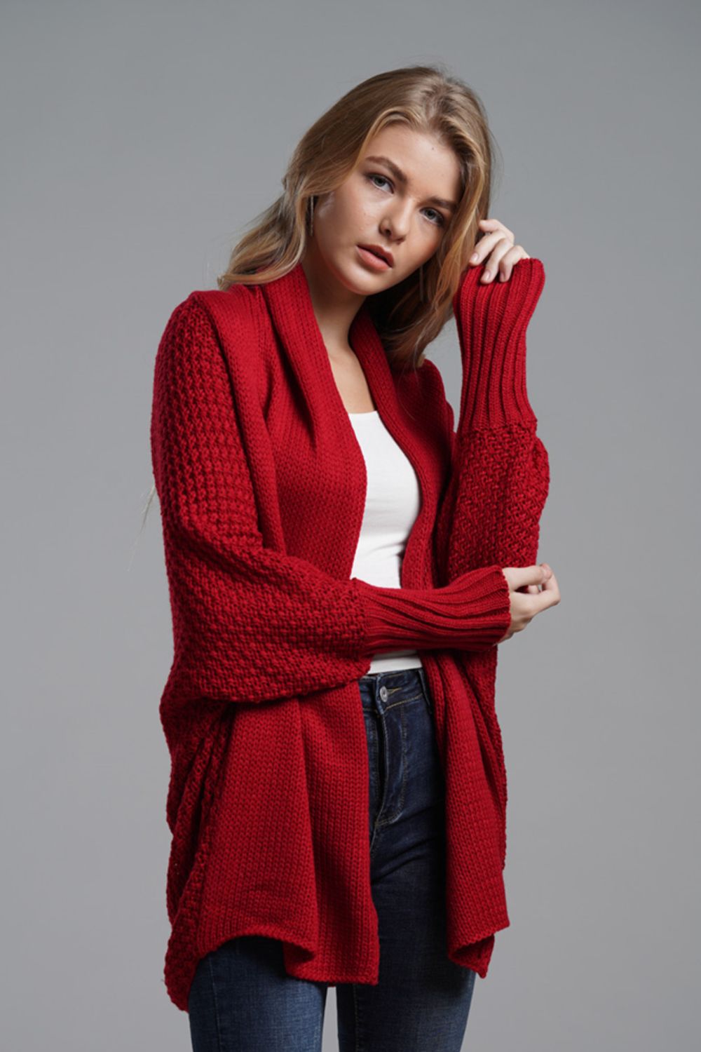 Ease Up Dolman Sleeve Open-Front Long Knit Cardigan