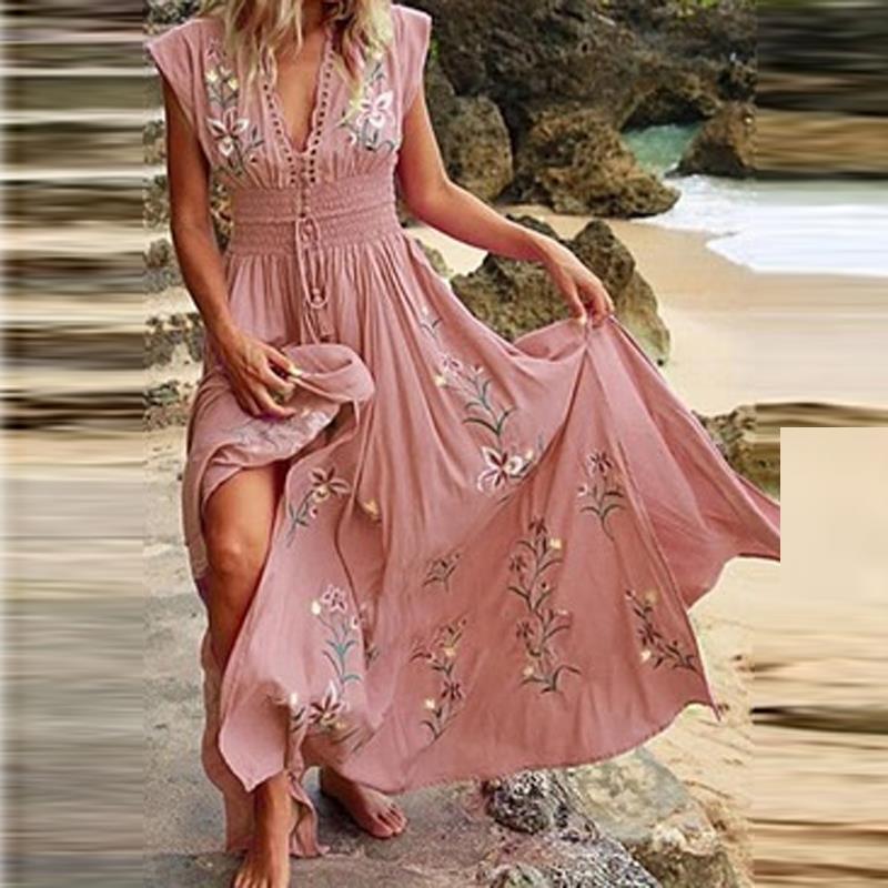Summer Boho V-neck Fringed Loose Maxi Dress