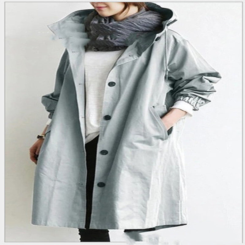 Trench Hooded Coat l Loose Button  with Pockets and  Hooded