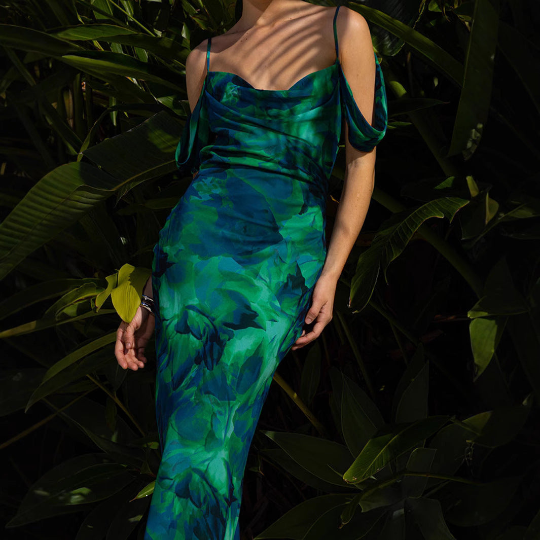 Green Garden Art Style  Backless  Sling Dress