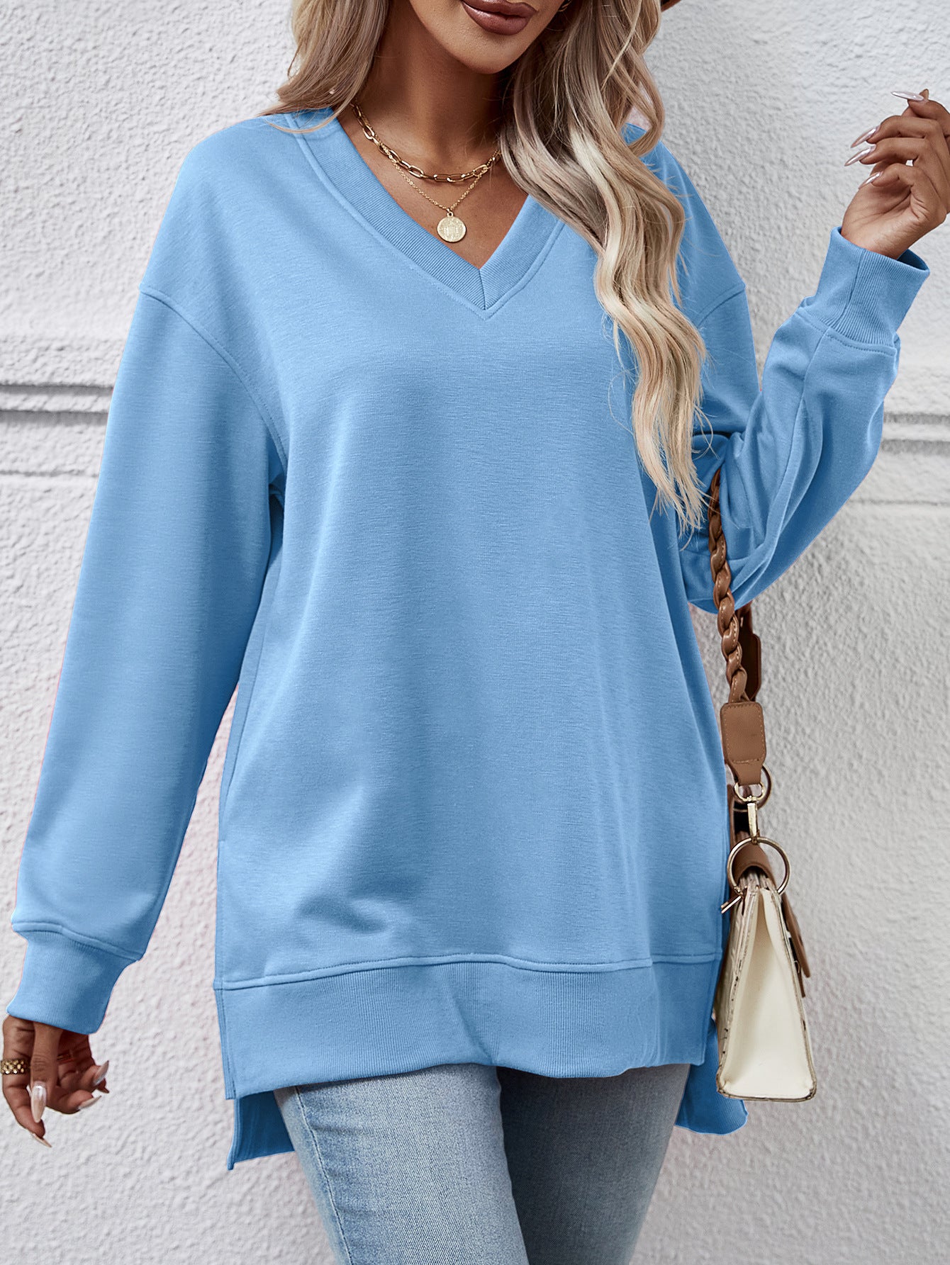 Causal Style V-neck Split Front Short Back Long Sweater