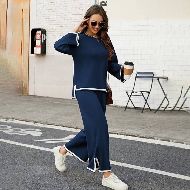 Women's Knitted Long Sleeve Loose Top Wide Leg Pants Suit - 2-Piece Set