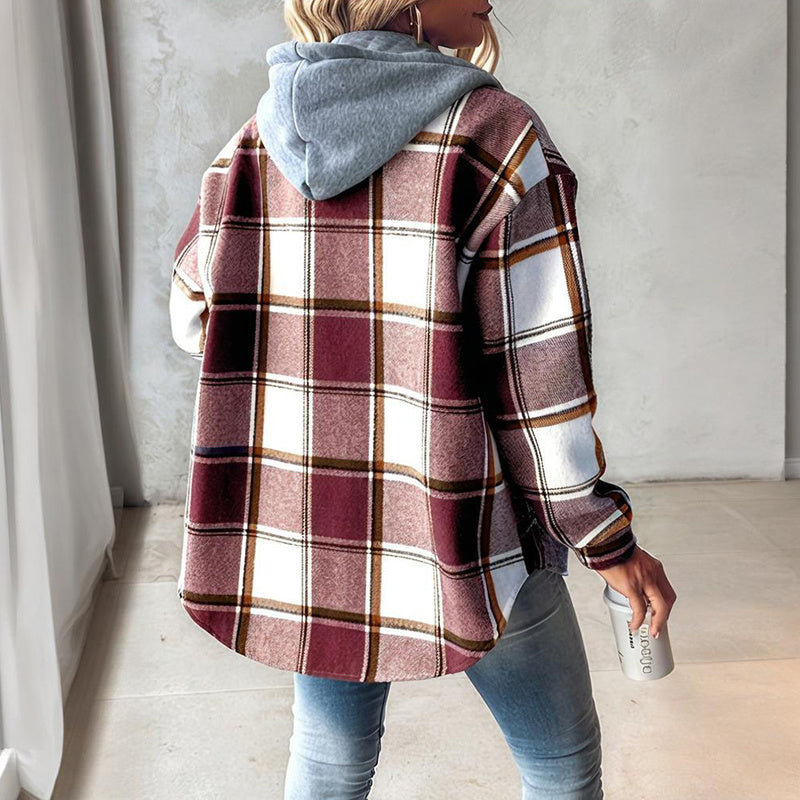 Casual Fall Shirts Shacket Plaid Hoodie Long Sleeve Jacket with Long Sleeve With Pocket and Button Drawstrings